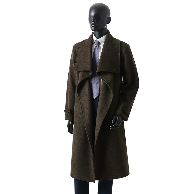Men's Elegant Long Coat made of Wool Blend with Generous Shawl Collar and Roll-Up Cuffs Chichicherry