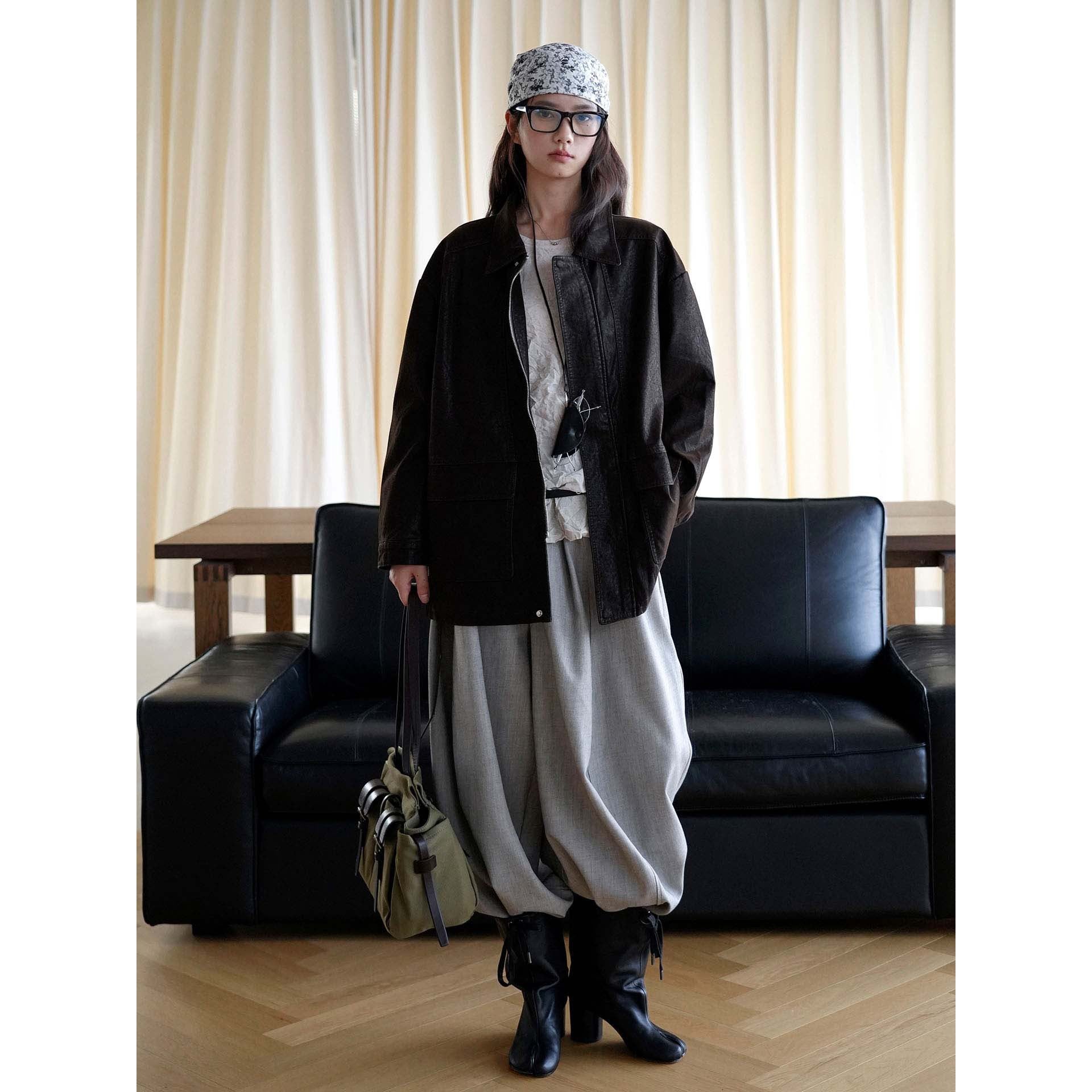 Women's Oversize Faux Leather Coat with Zipper and Patch Pockets Chichicherry