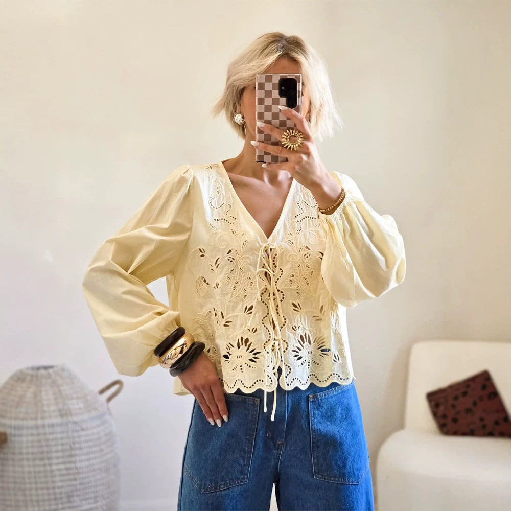Women's Light Embroidery Anglaise Lace Blouse with V-Neck, Ties and Balloon Sleeves Chichicherry