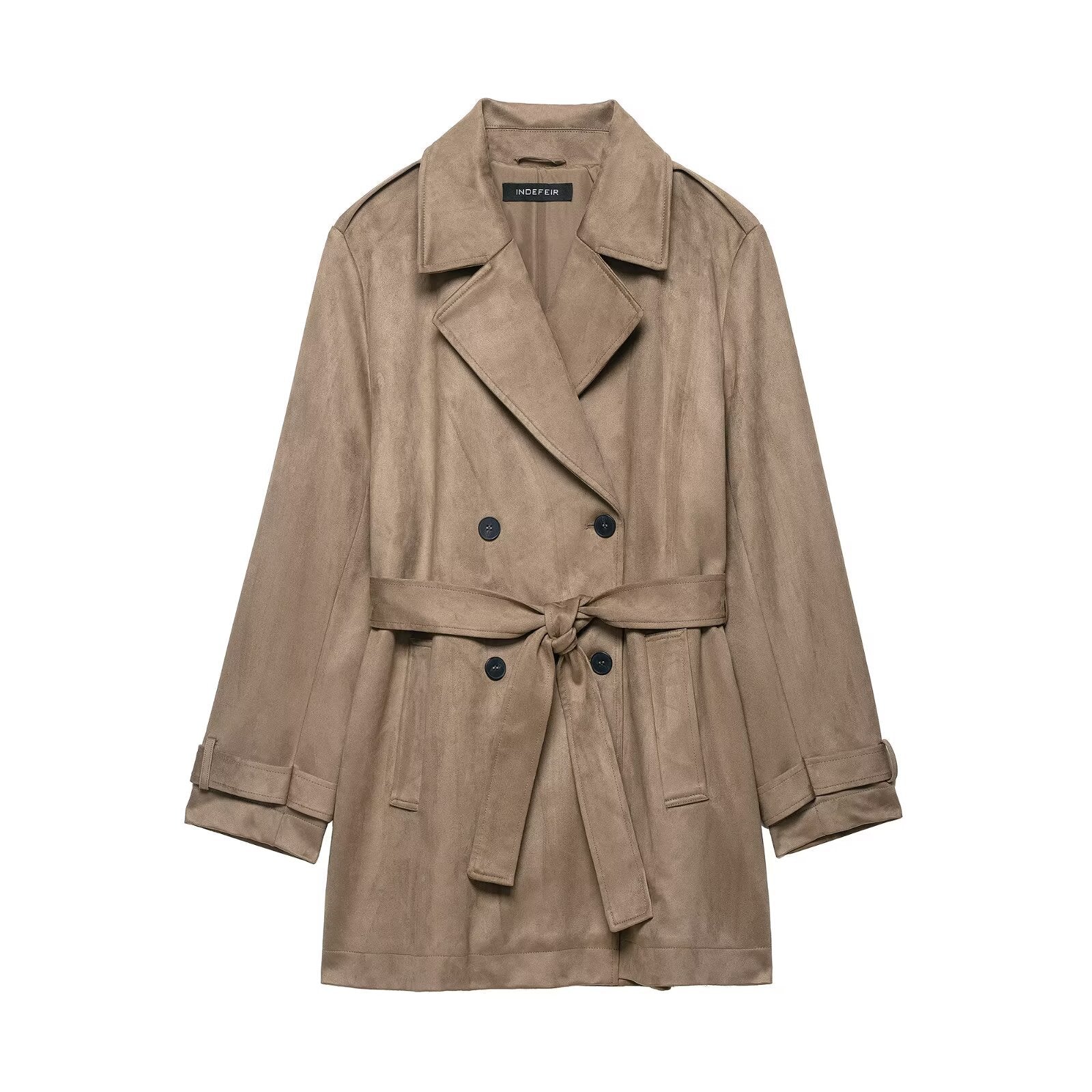 Women's Double Breasted Suede Effect Trench Coat with Waist Belt Chichicherry