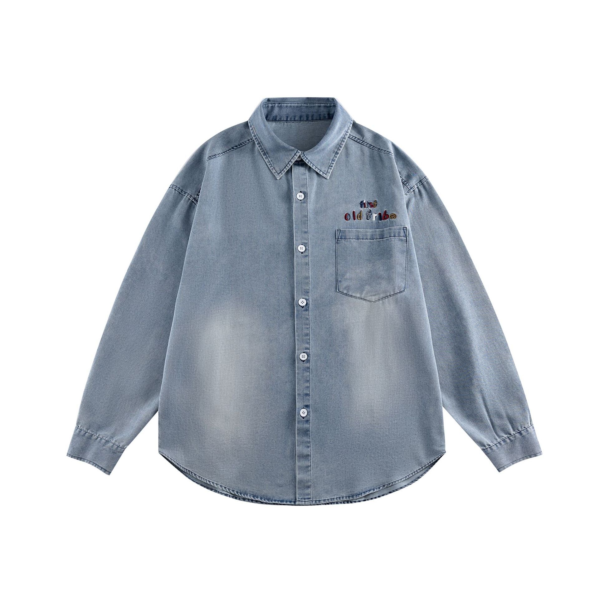 Unisex Oversize Denim Shirt Jacket with Rounded Hem and Embroidered Chest Motif Chichicherry