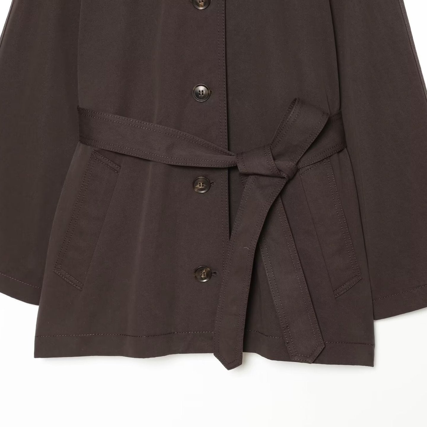 Women Short Trench Cape with Waist Belt, Epaulettes and Patch Pockets Chichicherry