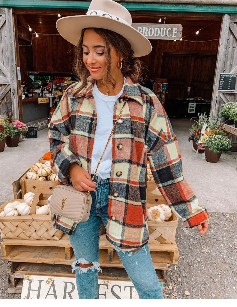 Damen Oversized Kariertes Flanell‑Shacket mit Brusttaschen und Holzknöpfen Chichicherry