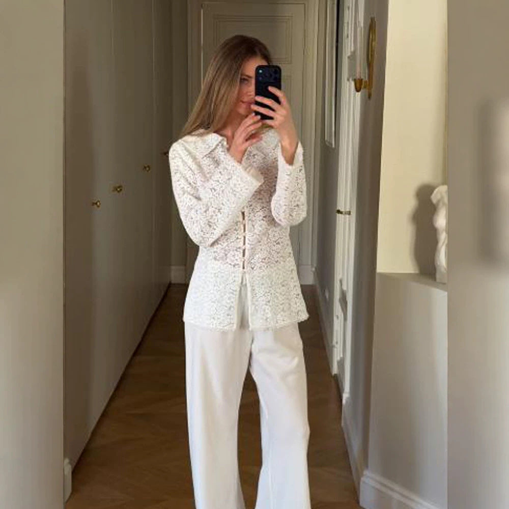 Women's lace blouse with floral lace, shirt collar and fabric ball button placket Chichicherry