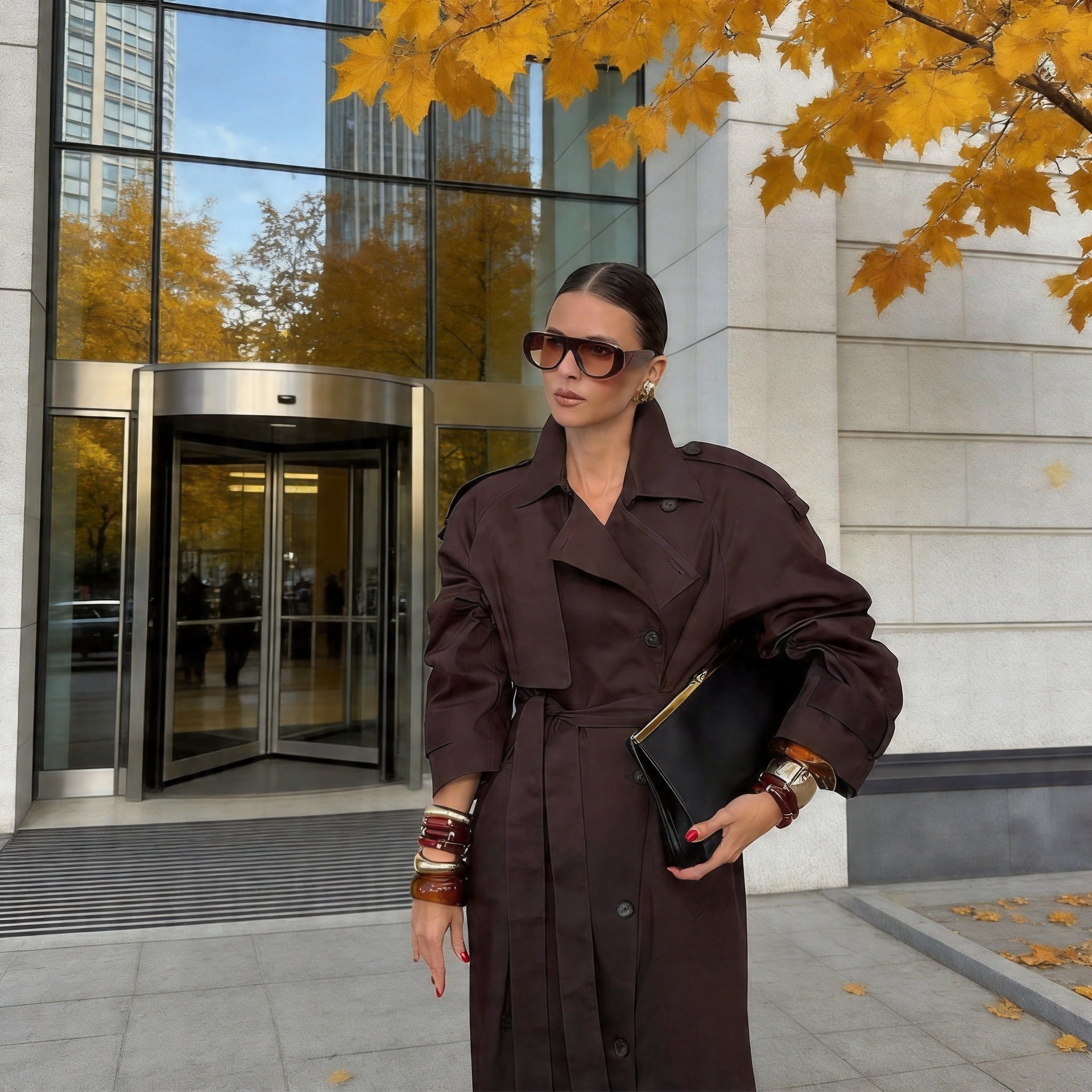Women's Longer Tailored Trench Coat with Tie Belt and Double Row Chichicherry