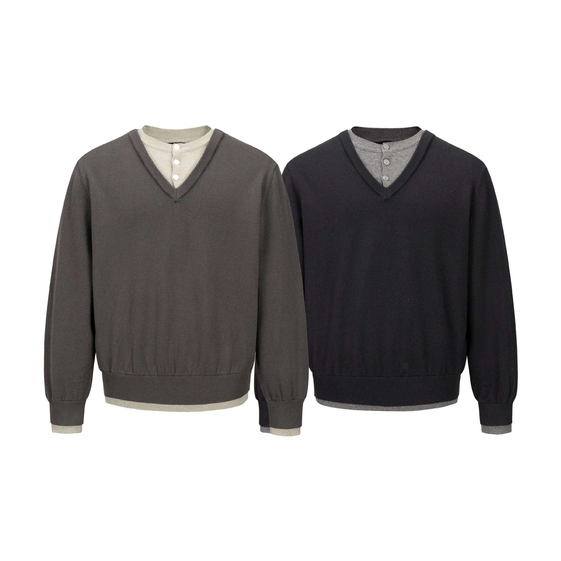 Men's V-Neck Fine Knit Sweater with Integrated Henley Detail and Elastic Waistband Chichicherry