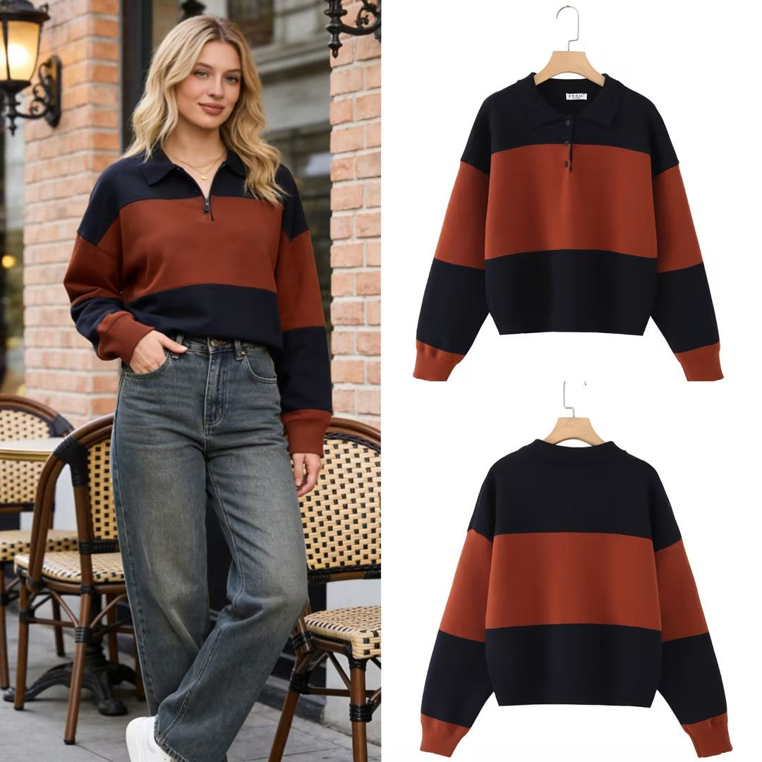 Women Oversized Polo Collar Sweater with Block Stripes Chichicherry