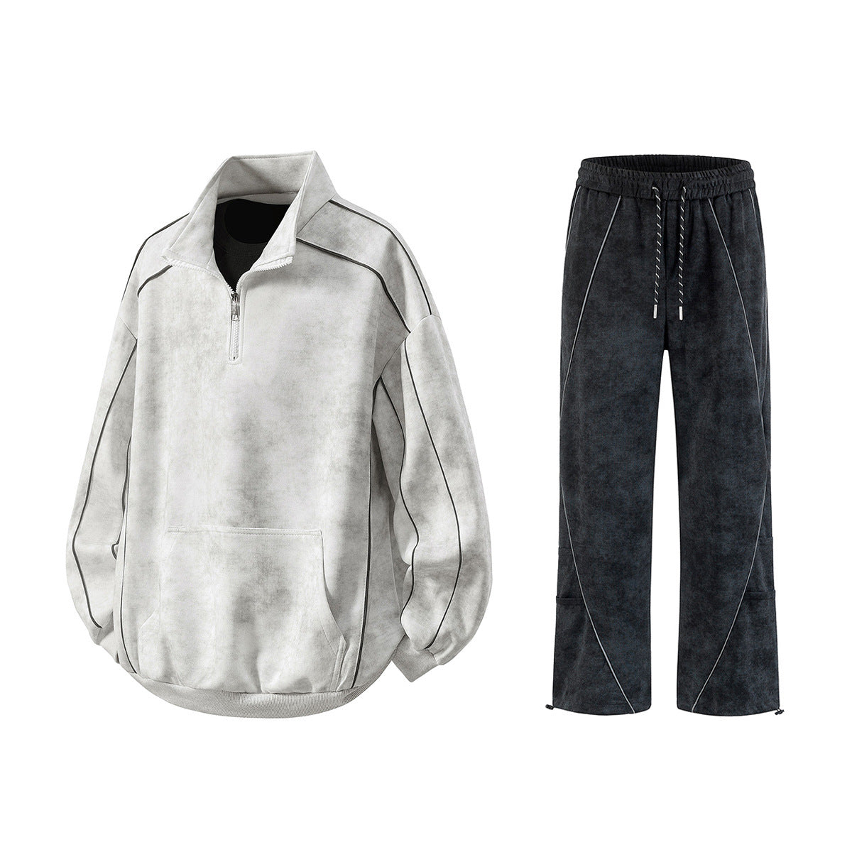 Men's Oversize Half-Zip Sweatshirt with Kangaroo Pocket, Contrast Piping and Balloon Sleeves Chichicherry