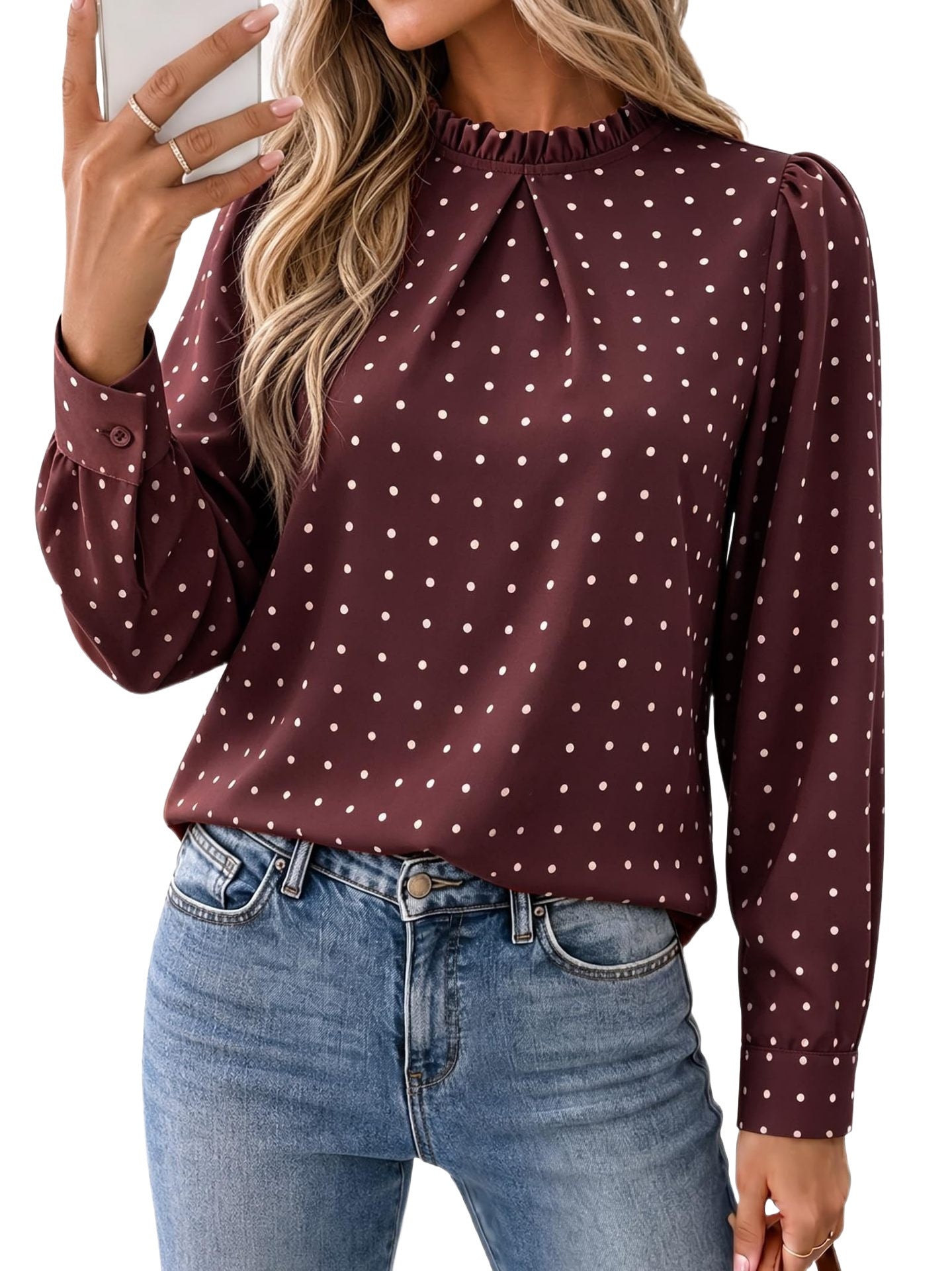 Women's Polka Dot Chiffon Blouse with Ruffle Collar and Cuffs Chichicherry