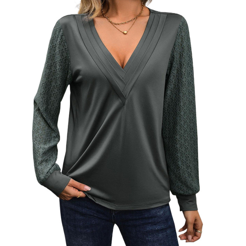 Women V-neck long sleeve with satin-like jersey and semi-transparent lace sleeves Chichicherry