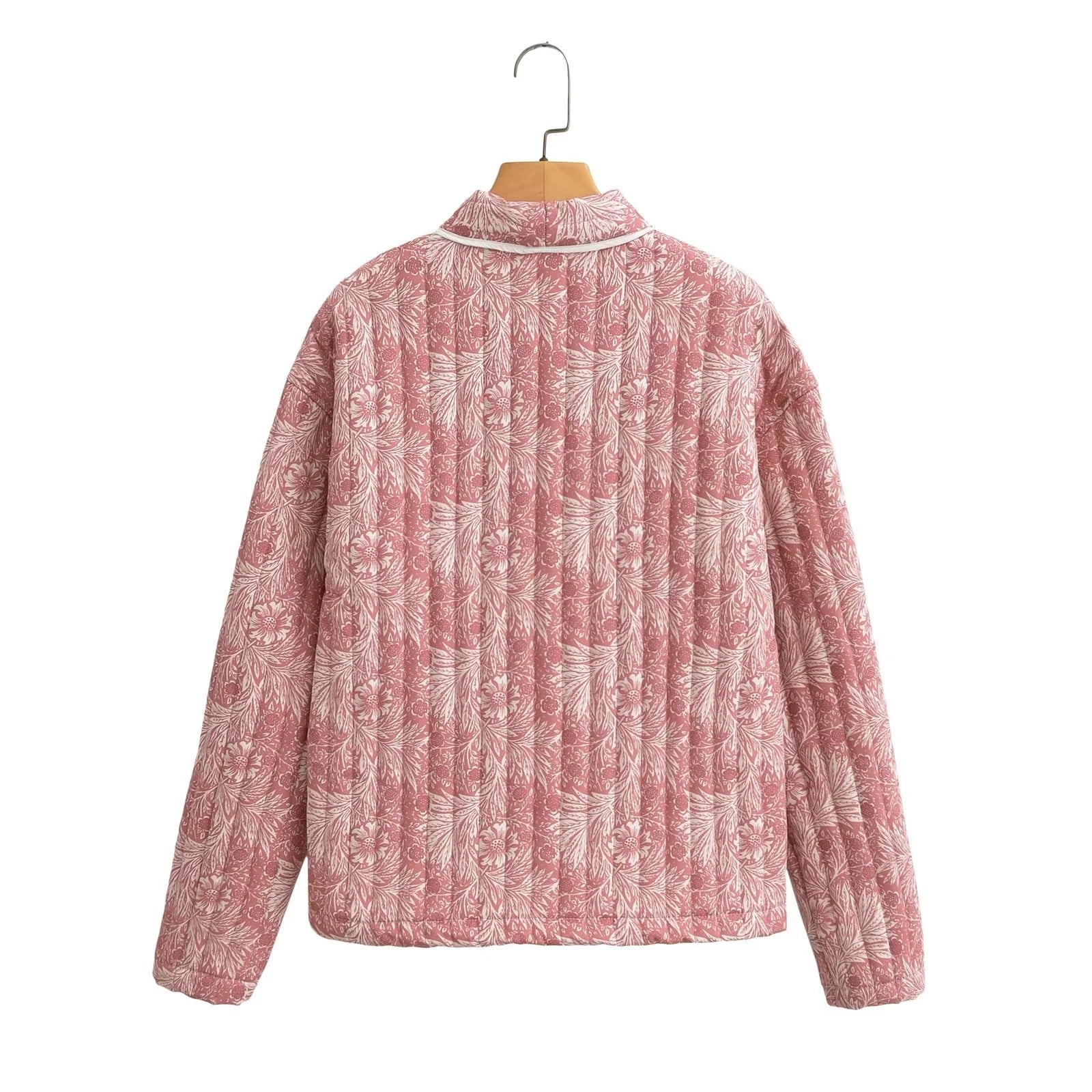 Women Light Quilted Jacket in Kimono Style with Floral Block Print and Contrast Piping Chichicherry