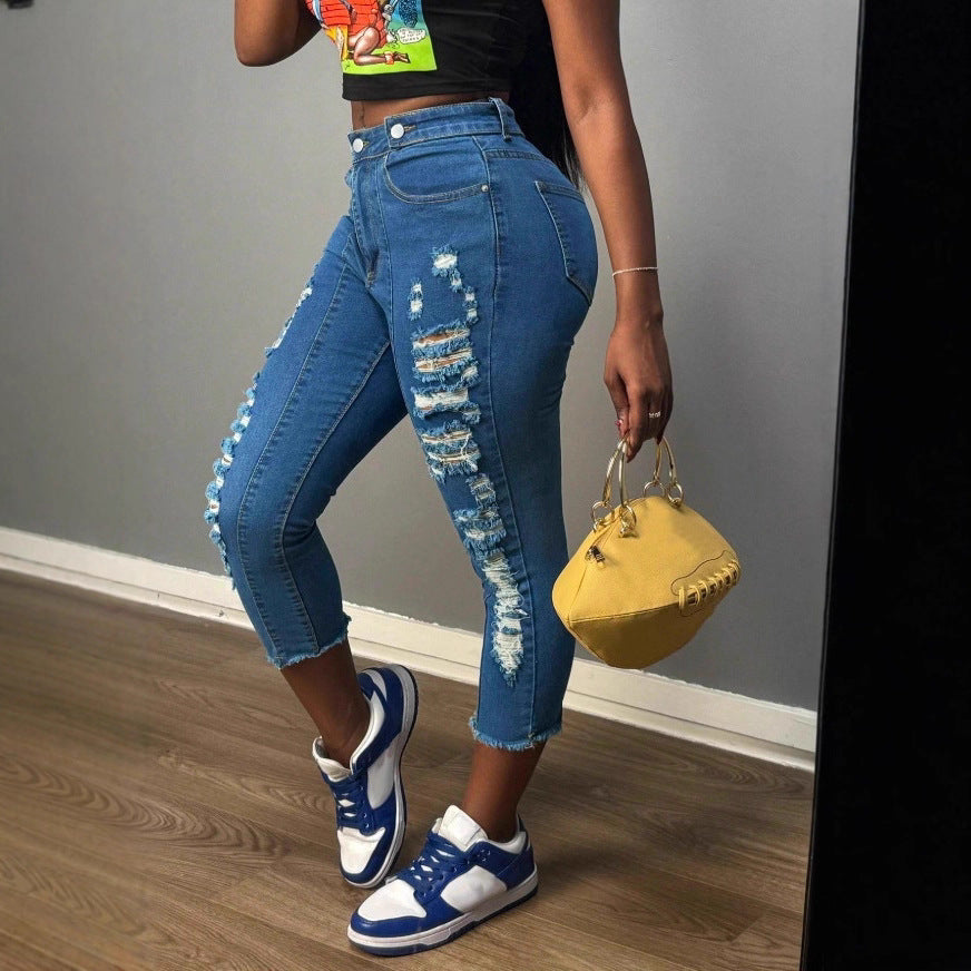 Women's high-cut ankle-length skinny jeans with generous rip details and raw hem Chichicherry
