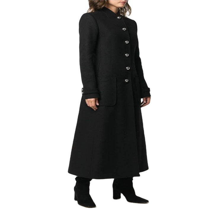 Women's Ankle-Length Tailored Wool Blend Coat with Stand-Up Collar and Decorative Button Placket Chichicherry
