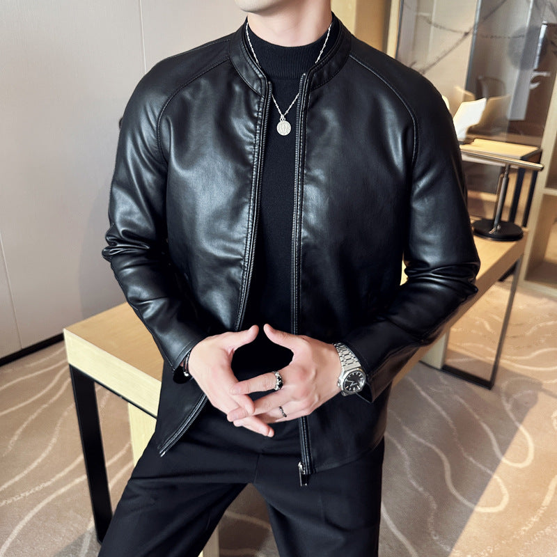 Men Slim Faux Leather Blouson with Stand-Up Collar and Concealed Zip Chichicherry
