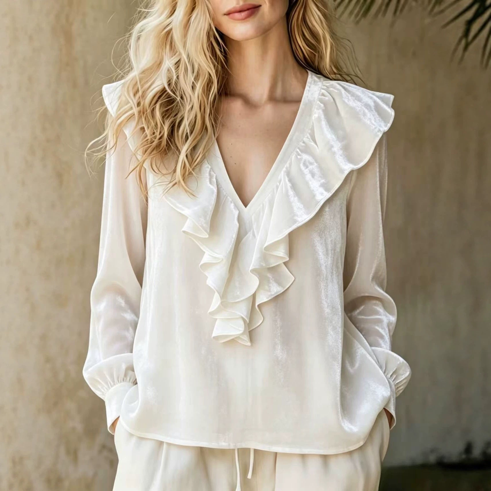 Women Ruffled V-Neck Blouse made of Chiffon with Ruffled Collar and Elastic Cuffs Chichicherry