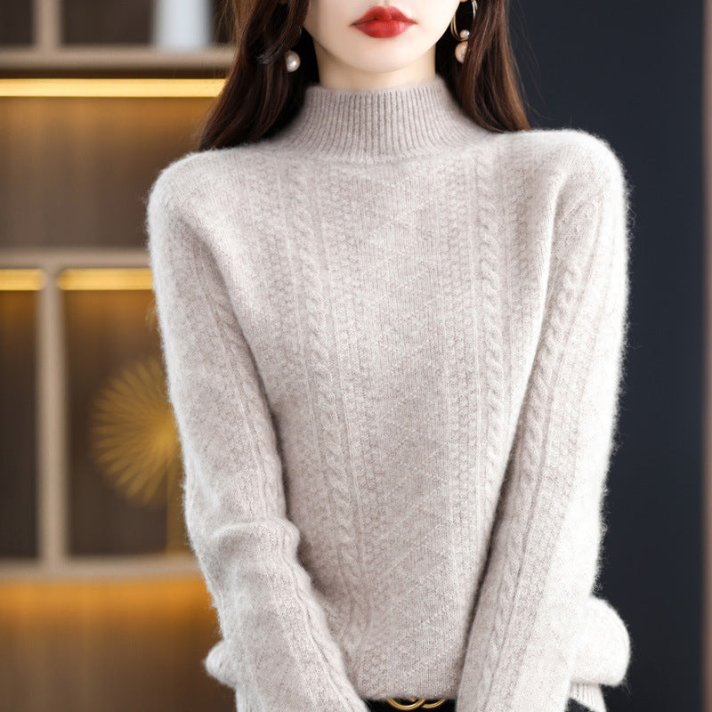 Women's Soft Mohair-Look Mockneck Sweater with Cable Pattern and Fine Ribbed Collar Chichicherry