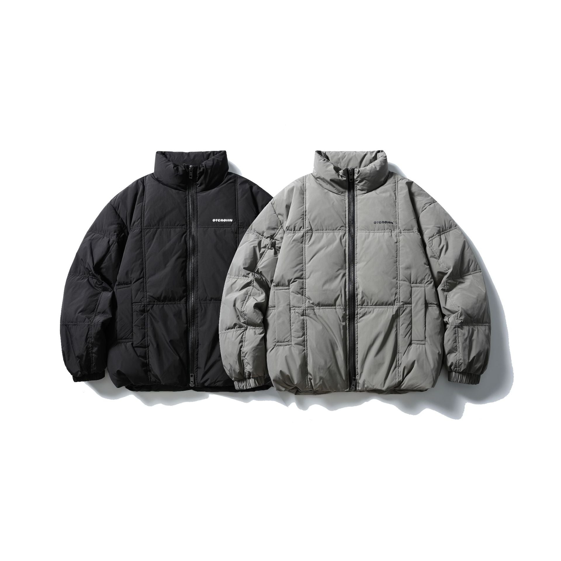 Men's Boxy Quilted Jacket with High Stand-Up Collar, Checked Quilting, and Elastic Hem