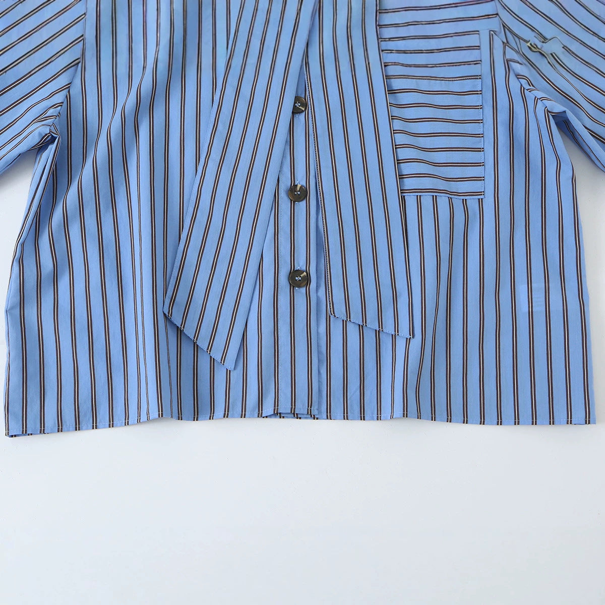 Women Striped Bow Blouse with Chest Pocket and Continuous Button Placket Chichicherry
