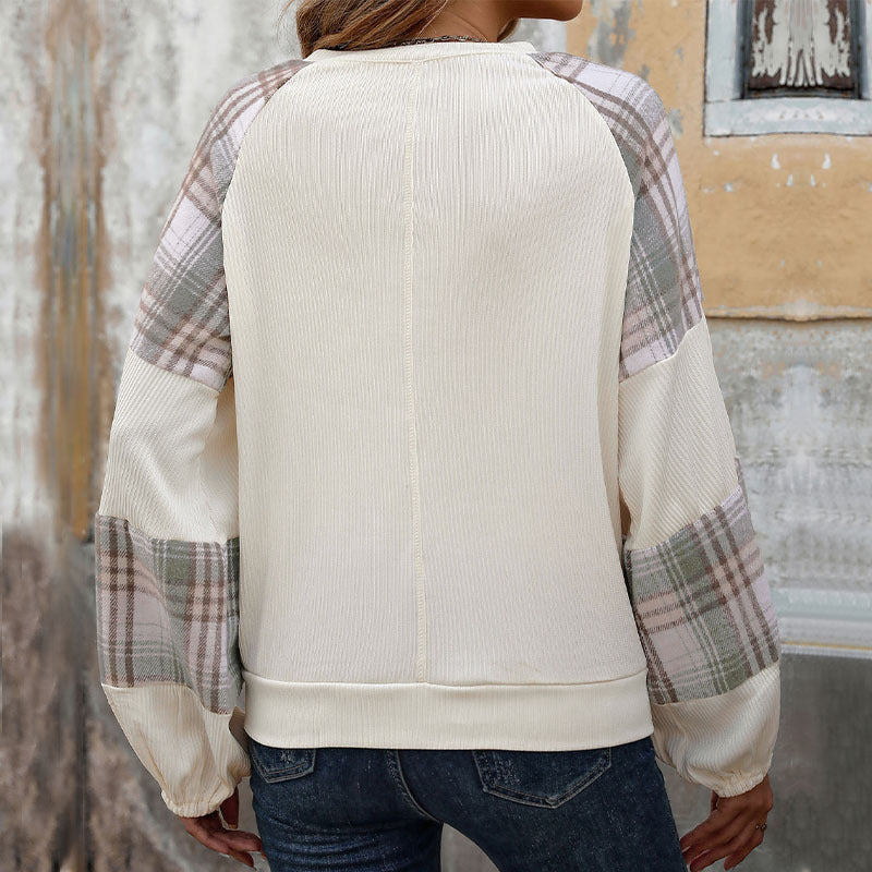 Women Oversize Long Sleeve with Checked Chiffon Raglan Sleeves and Gathered Cuffs Chichicherry