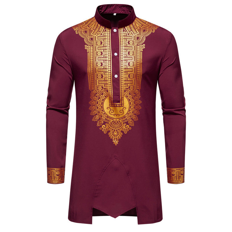 Men's Traditional Tunic Set with Stand-Up Collar and Gold Ornament Print, Long Shirt & Drawstring Pants Chichicherry