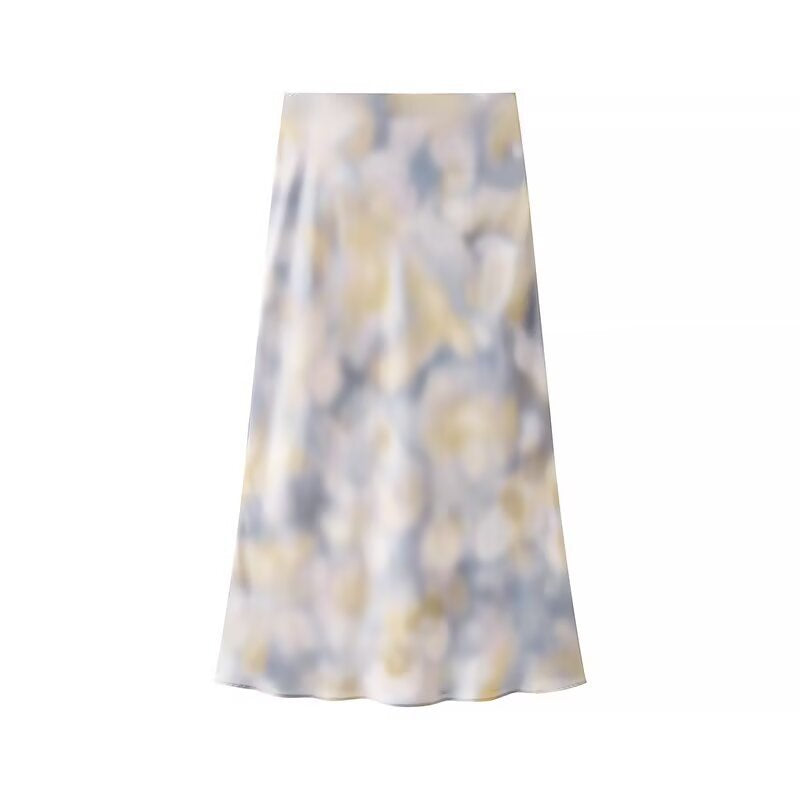 Women's Silky Two-Piece Blouse and Midi Skirt Set with A-Line Skirt and Abstract Watercolor Print Chichicherry