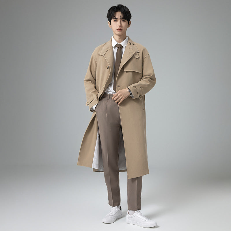 Men's Long Modern Trench Coat made of lightweight twill with concealed button placket and waist belt Chichicherry