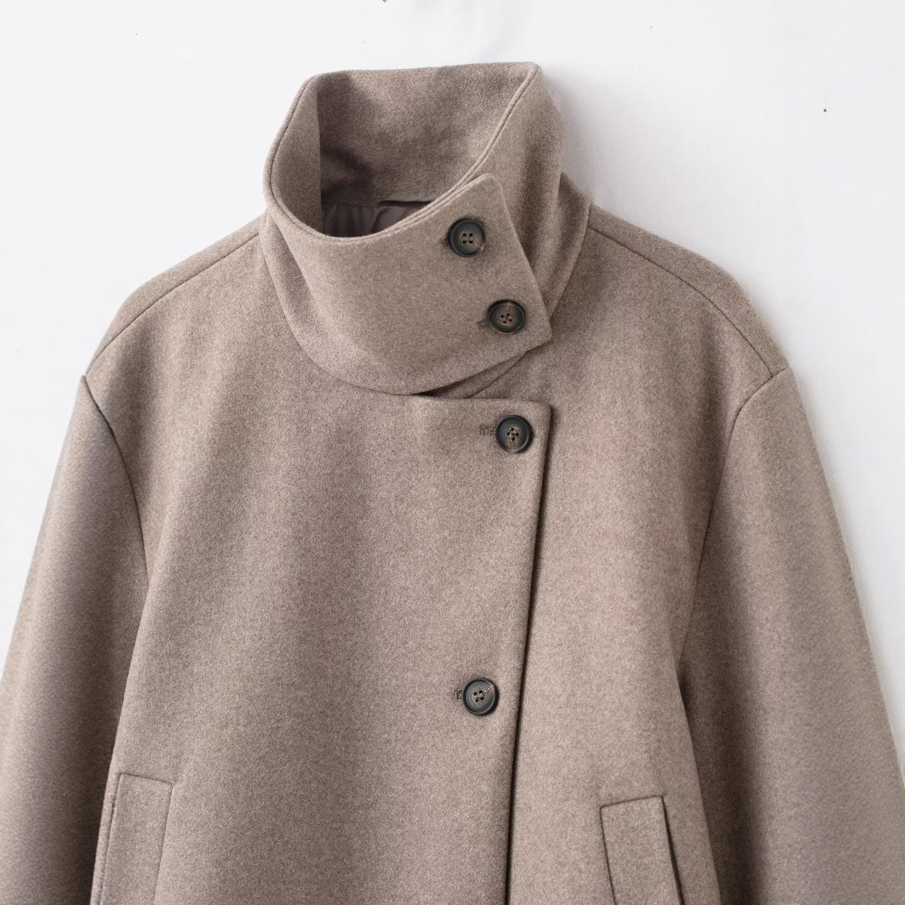 Women's Cropped Wool Blend Short Jacket with High Stand Collar, Asymmetric Button Placket and Cuffed Sleeves Chichicherry