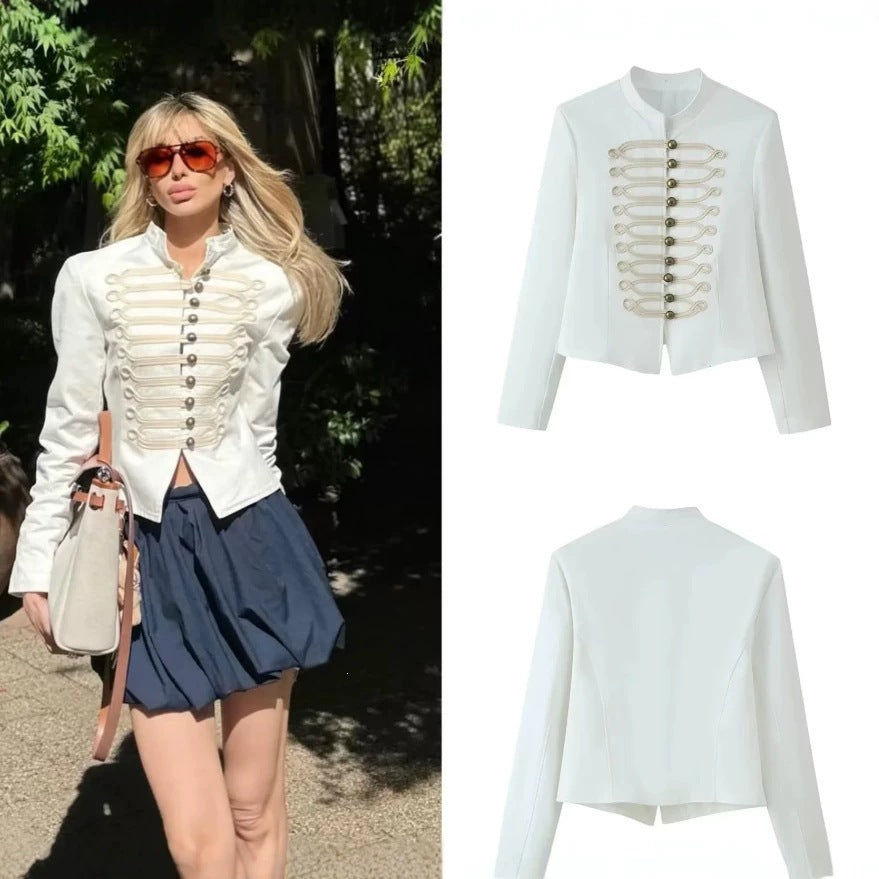 Women Military Inspired Short Stand Collar Jacket with Decorative Cords and Brass Buttons Chichicherry