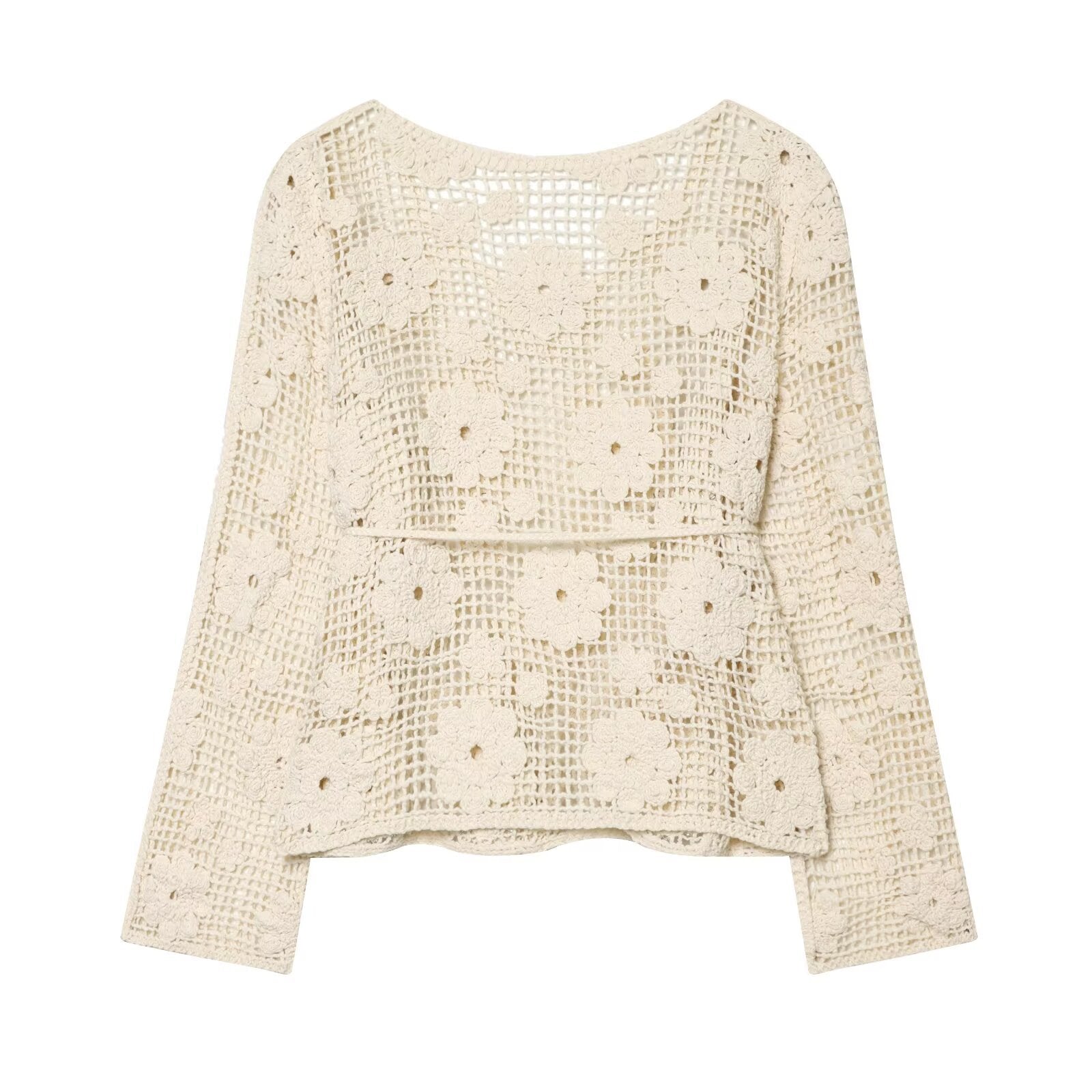 Women's crochet sweater with flower appliqués and drawstring Chichicherry