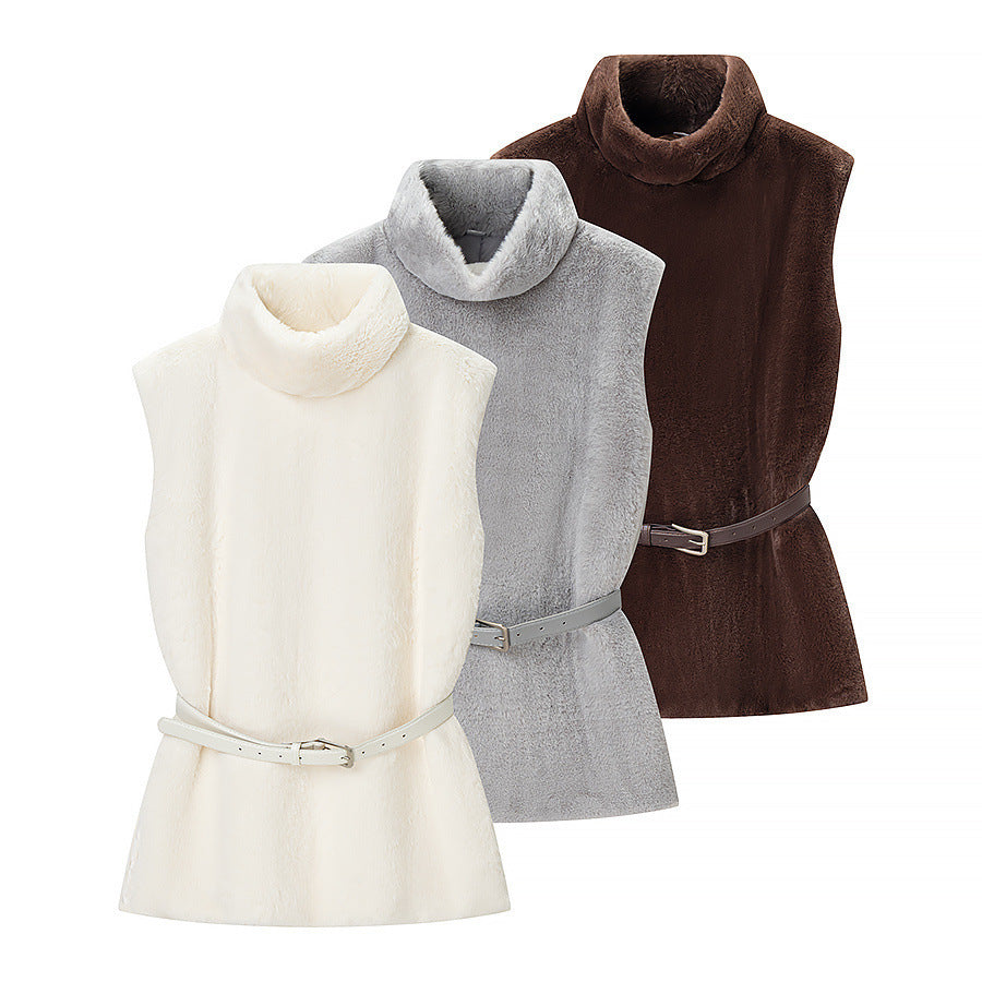 Women's Sleeveless Faux Fur Vest with Stand-Up Collar and Waistbelt Chichicherry