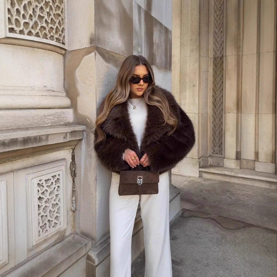 Women Short Boxy Faux Fur Blouson with Voluminous Shawl Collar Chichicherry