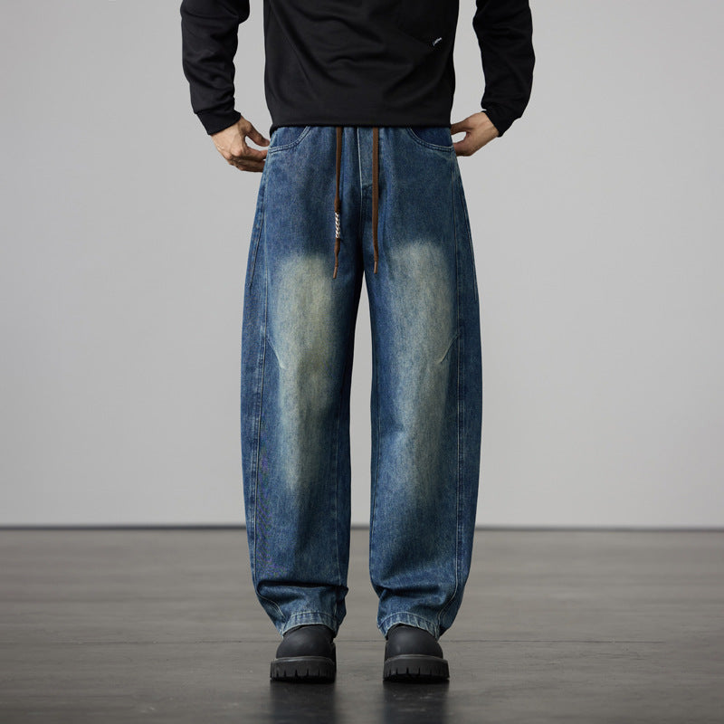 Men's Baggy Denim Pants with Drawstring and Used-Wash Details Chichicherry