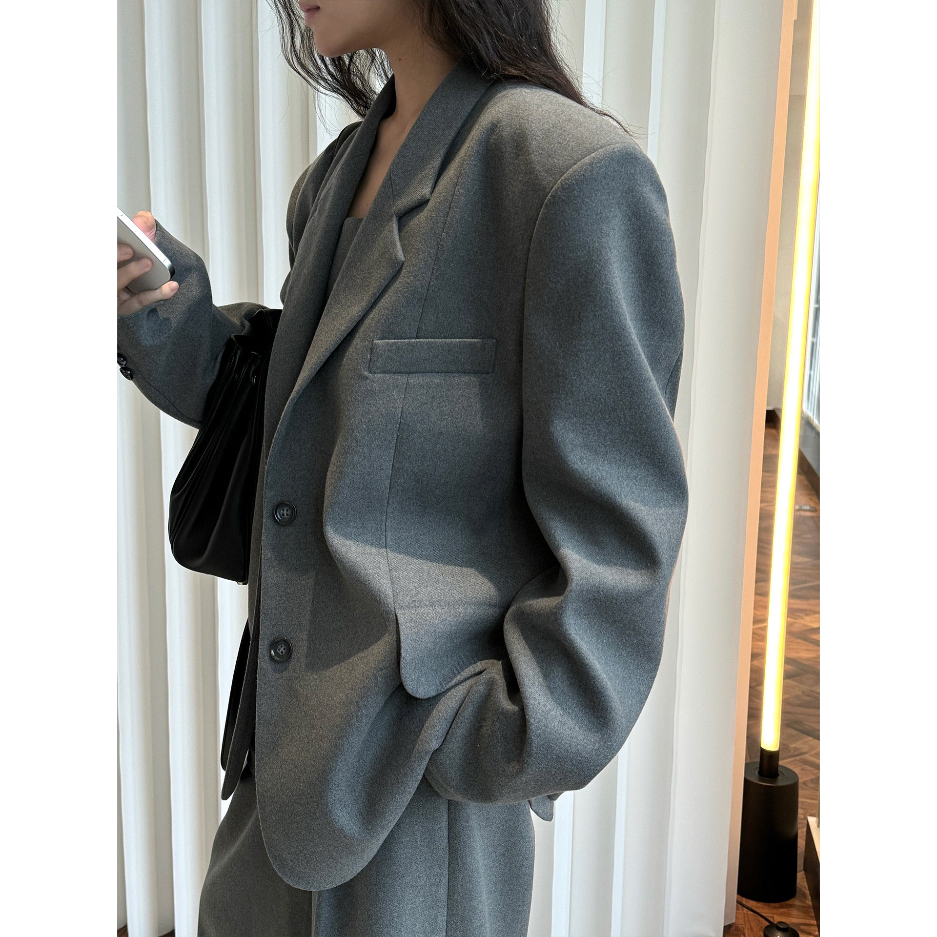 Women's Oversize Boxy Blazer made of wool blend with distinctive shoulder and chest pocket Chichicherry