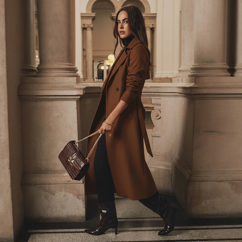 Women’s Long Tailored Wool Coat with Double-Breasted Button Placket and Tied Belt Chichicherry