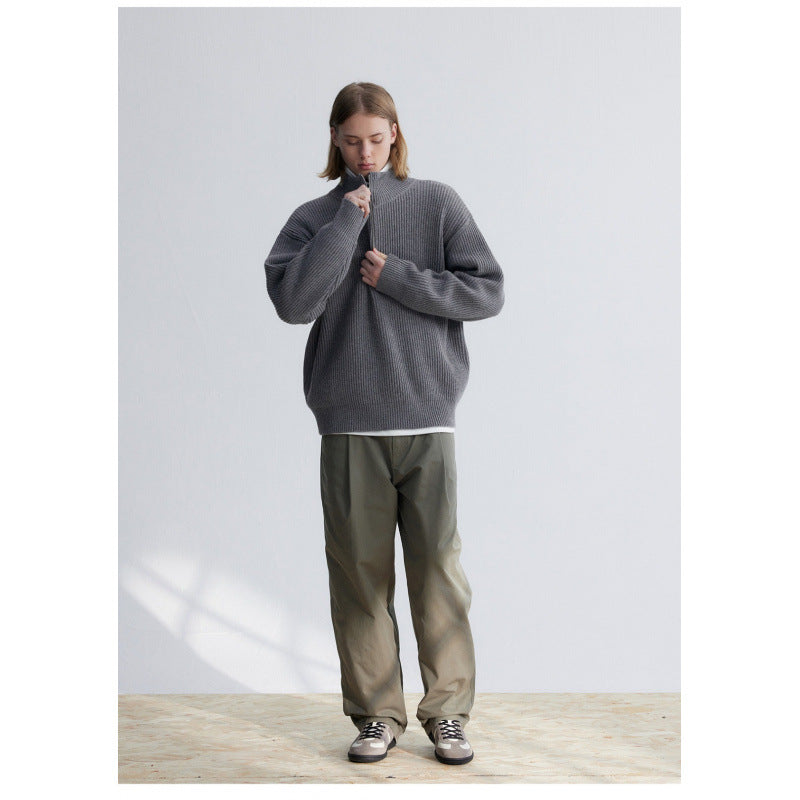 Herren Oversized-Rippenstrick Halbzip-Pullover mit Stehkragen Chichicherry