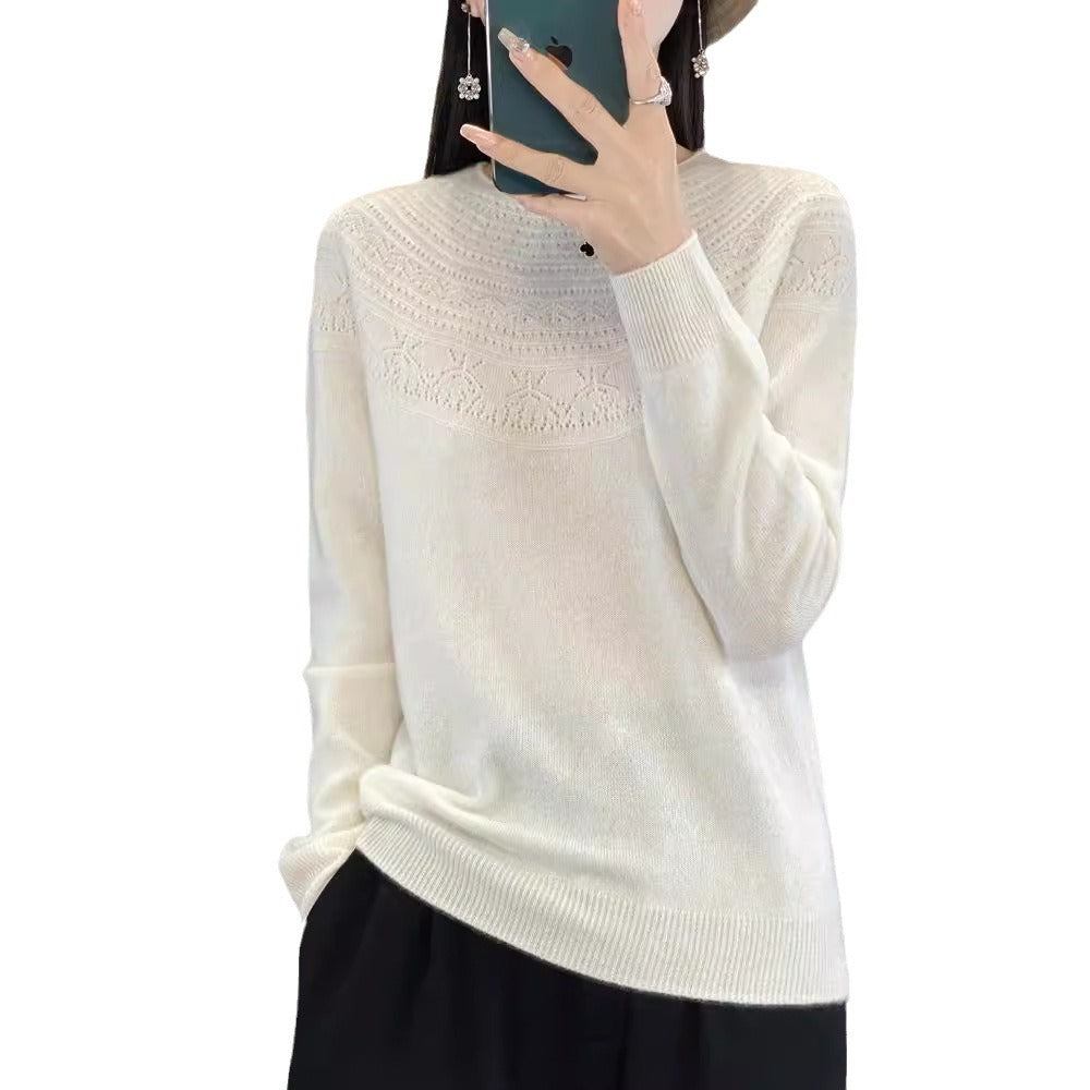 Ladies Soft Ajour-Yoke Round Neck Sweater in Cashmere-Look Fine Knit Chichicherry