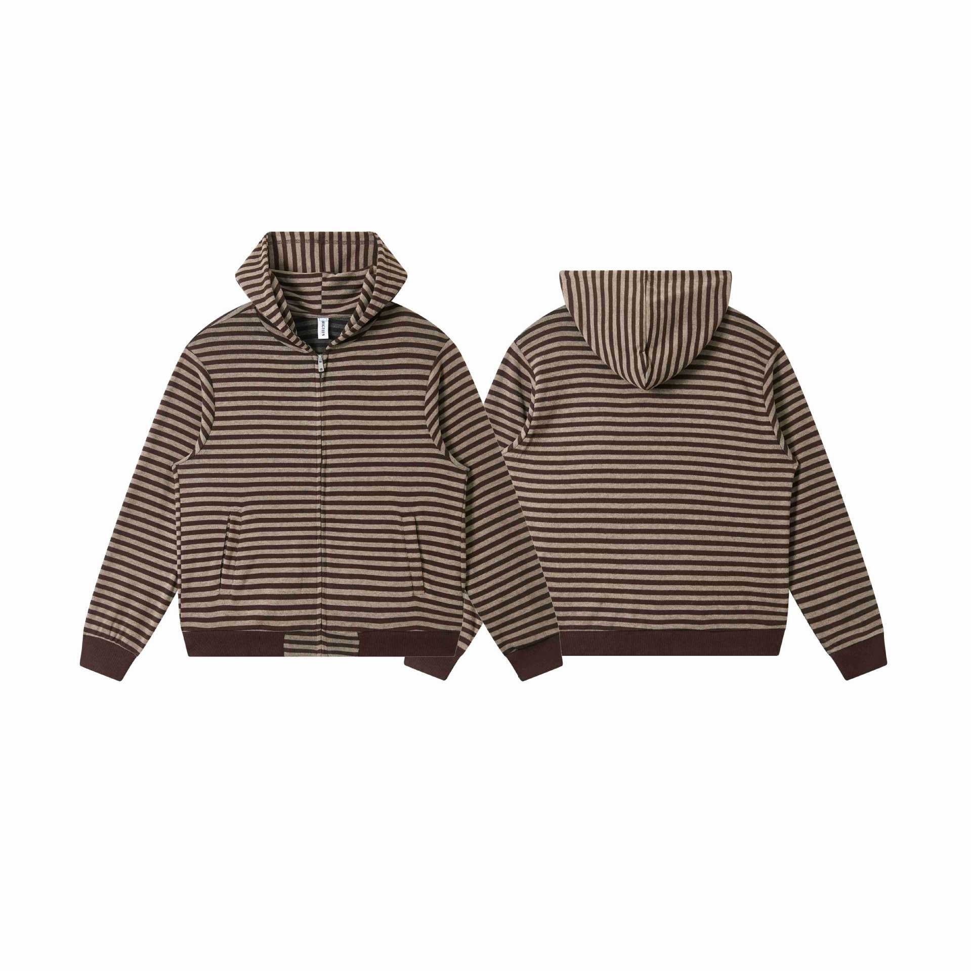 Unisex Striped Knit Hoodie with Full Zip and Kangaroo Pockets Chichicherry