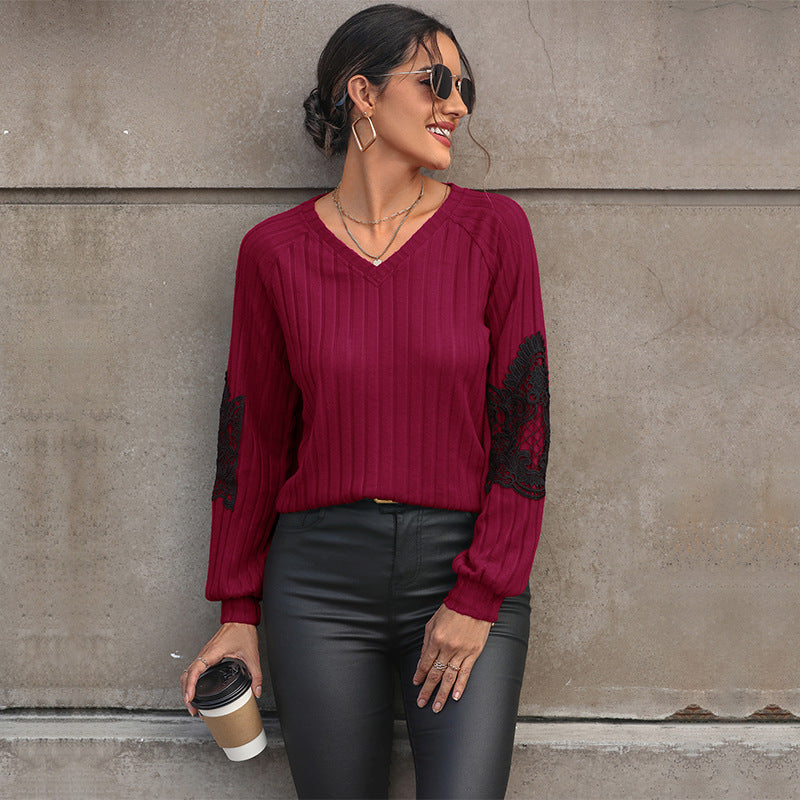 Women's Ribbed Long Sleeve with V-Neck, Lace Inserts at the Elbows and Balloon Sleeves Chichicherry