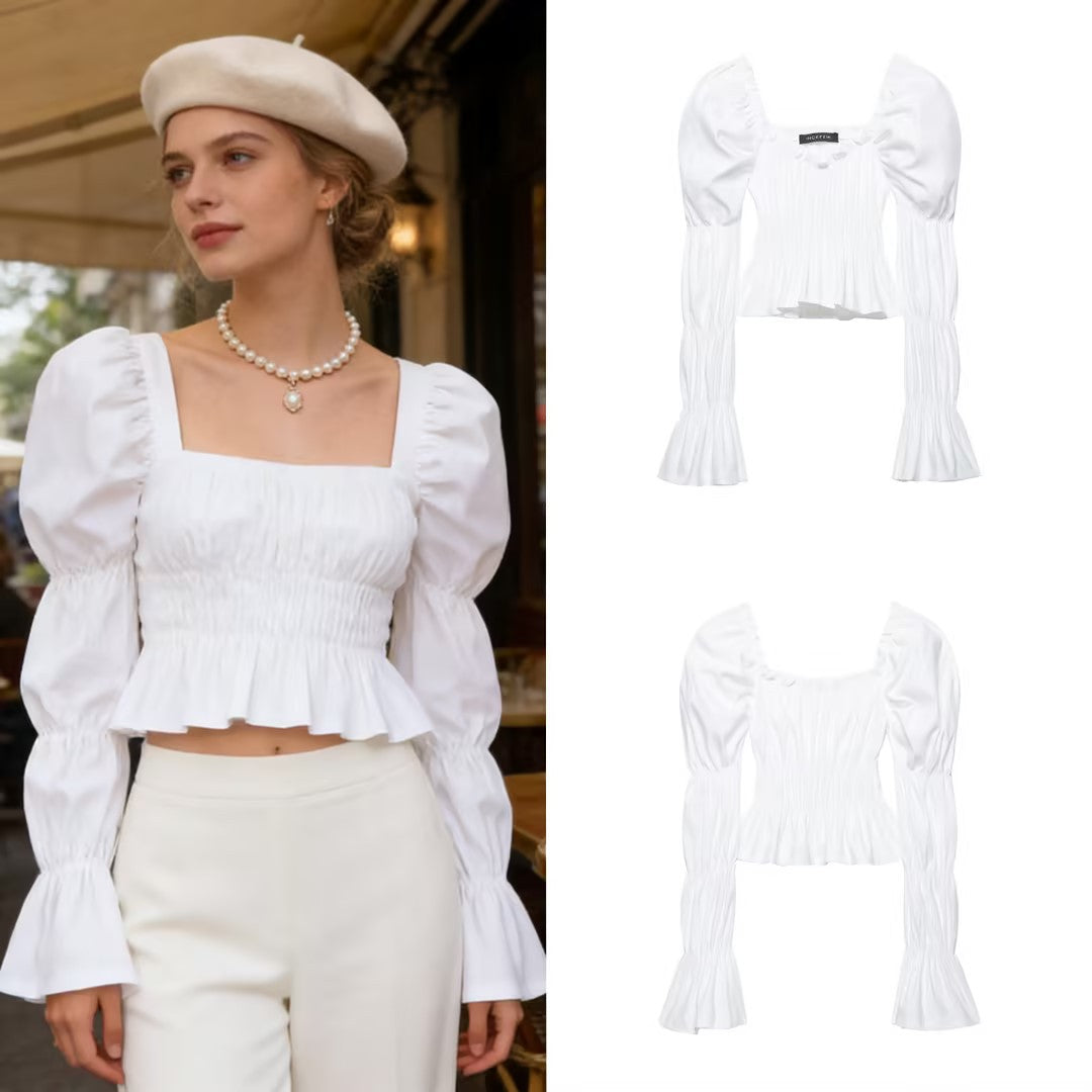 Women's Ruched Carmen Crop Top with Puff Sleeves, Smocked Waist and Tiered Sleeves Chichicherry