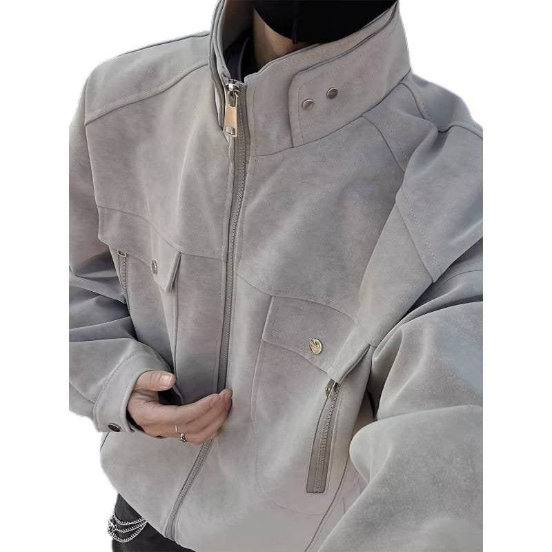 Herren Oversized Wildleder-Optik Utility-Jacke mit hohem Stehkragen Chichicherry