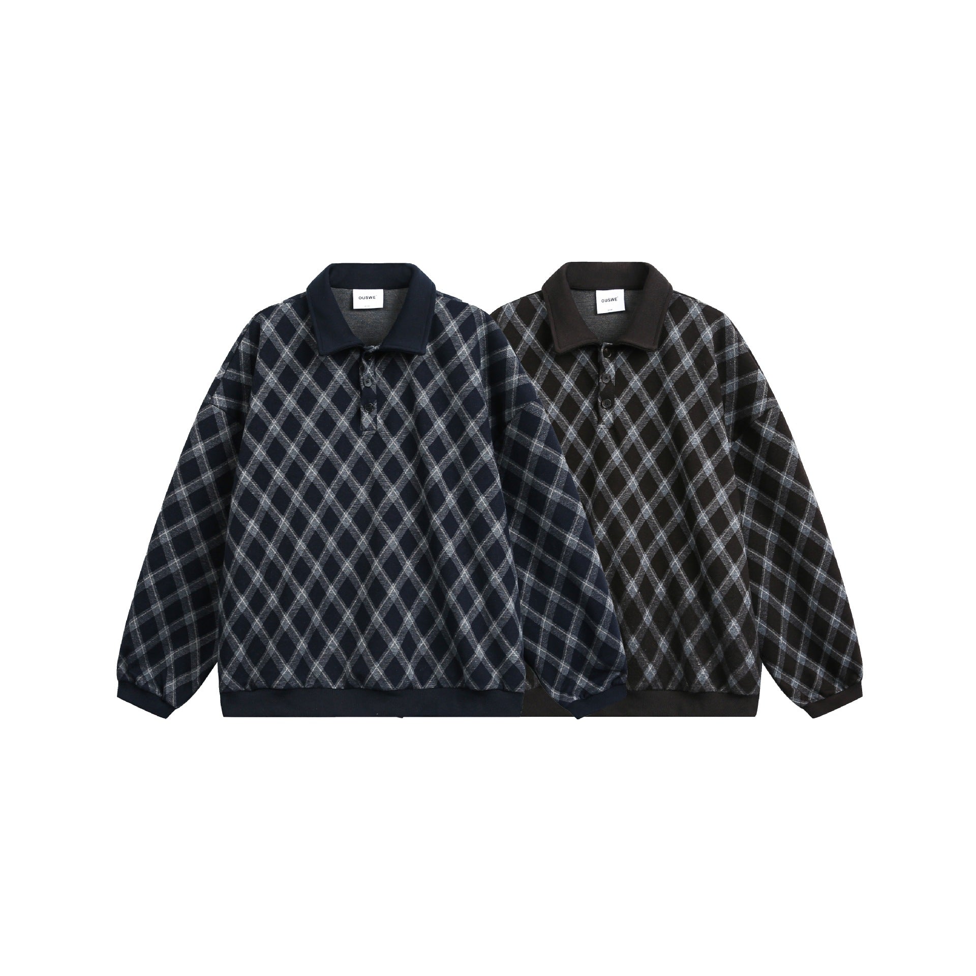 Women Checked Oversize Polo Sweater with Half Button Placket and Ribbed Cuffs Chichicherry