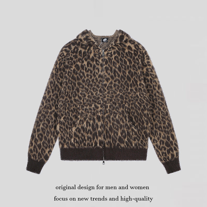 Women's Cozy Cardigan with Zipper and Leopard Jacquard Chichicherry