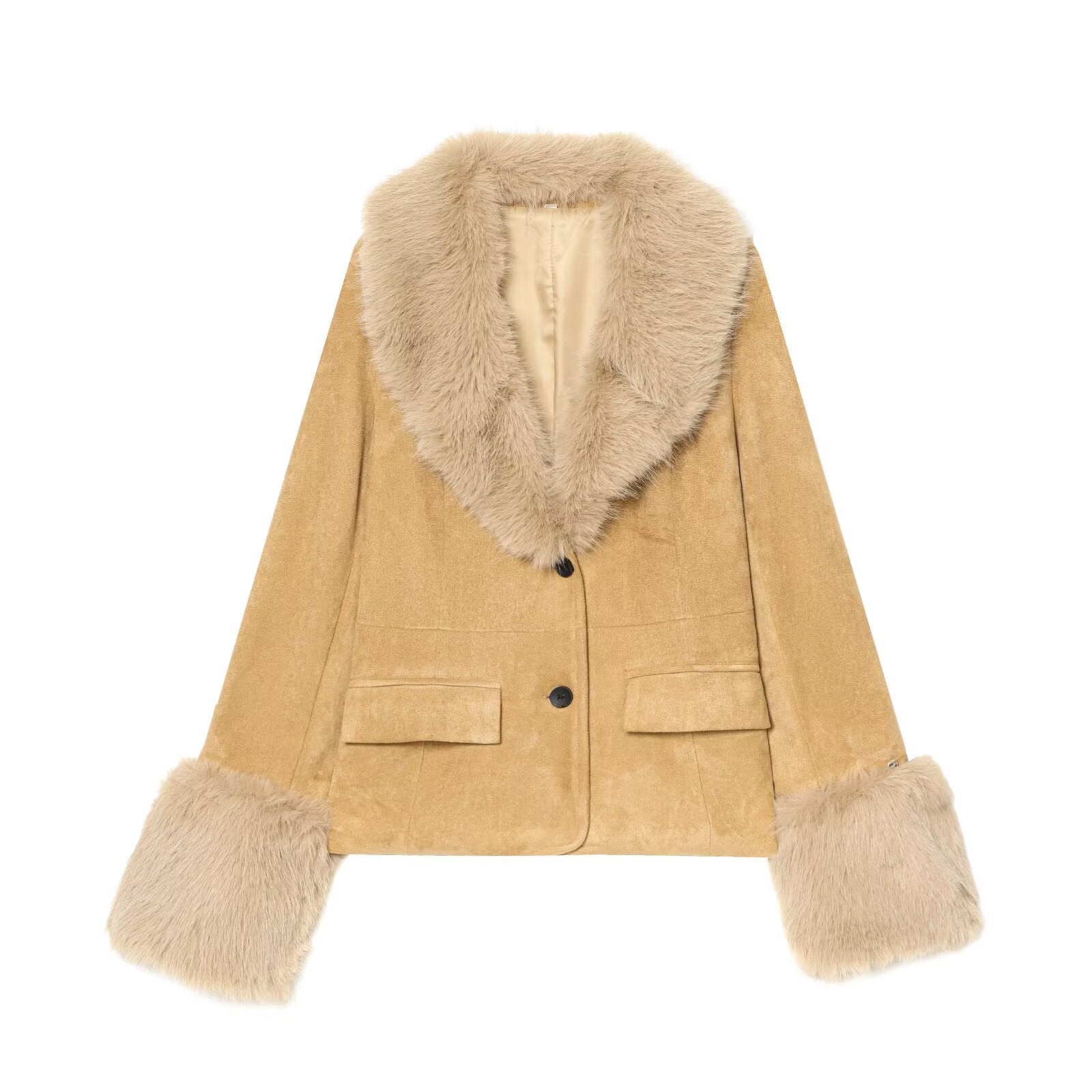 Women's short jacket made of faux suede with voluminous shawl collar and fur cuffs Chichicherry