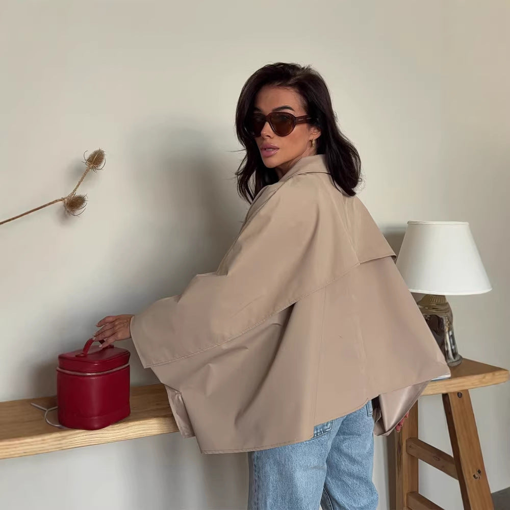 Women's Oversized Cropped Jacket with Voluminous Bat Sleeves and Shirt Collar Chichicherry