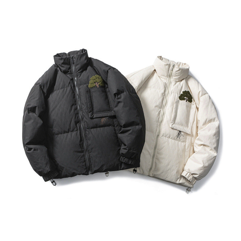 Unisex Kastig padded stand-up collar jacket with tree embroidery, chest flap pocket and drawstring hem Chichicherry