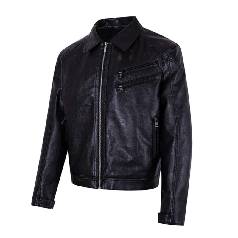 Men's Tailored Biker Jacket Made of Synthetic Leather with Shirt Collar, Zipper and Diagonal Chest Pockets Chichicherry