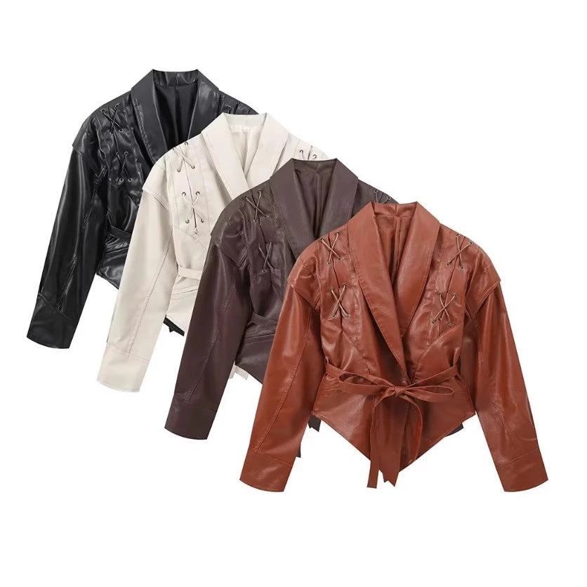 Ladies short jacket made of suede look with wrap belt, shawl collar and lacing detail Chichicherry