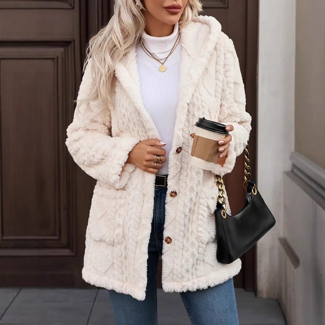 Women's Cozy Teddy Jacket with Hood, Button Placket and Patch Pockets Chichicherry