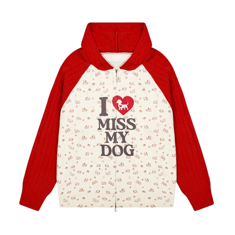 Women's hoodie cardigan with full zip, ribbed sleeves, and dog statement print Chichicherry