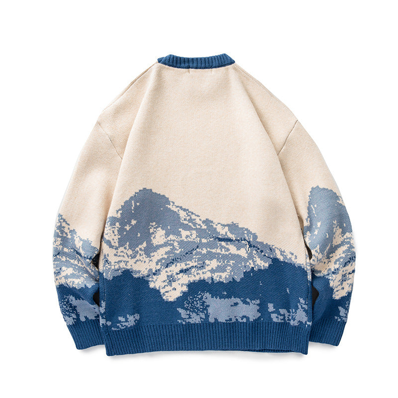 Unisex Oversized knit sweater with mountain jacquard and ribbed round neckline Chichicherry